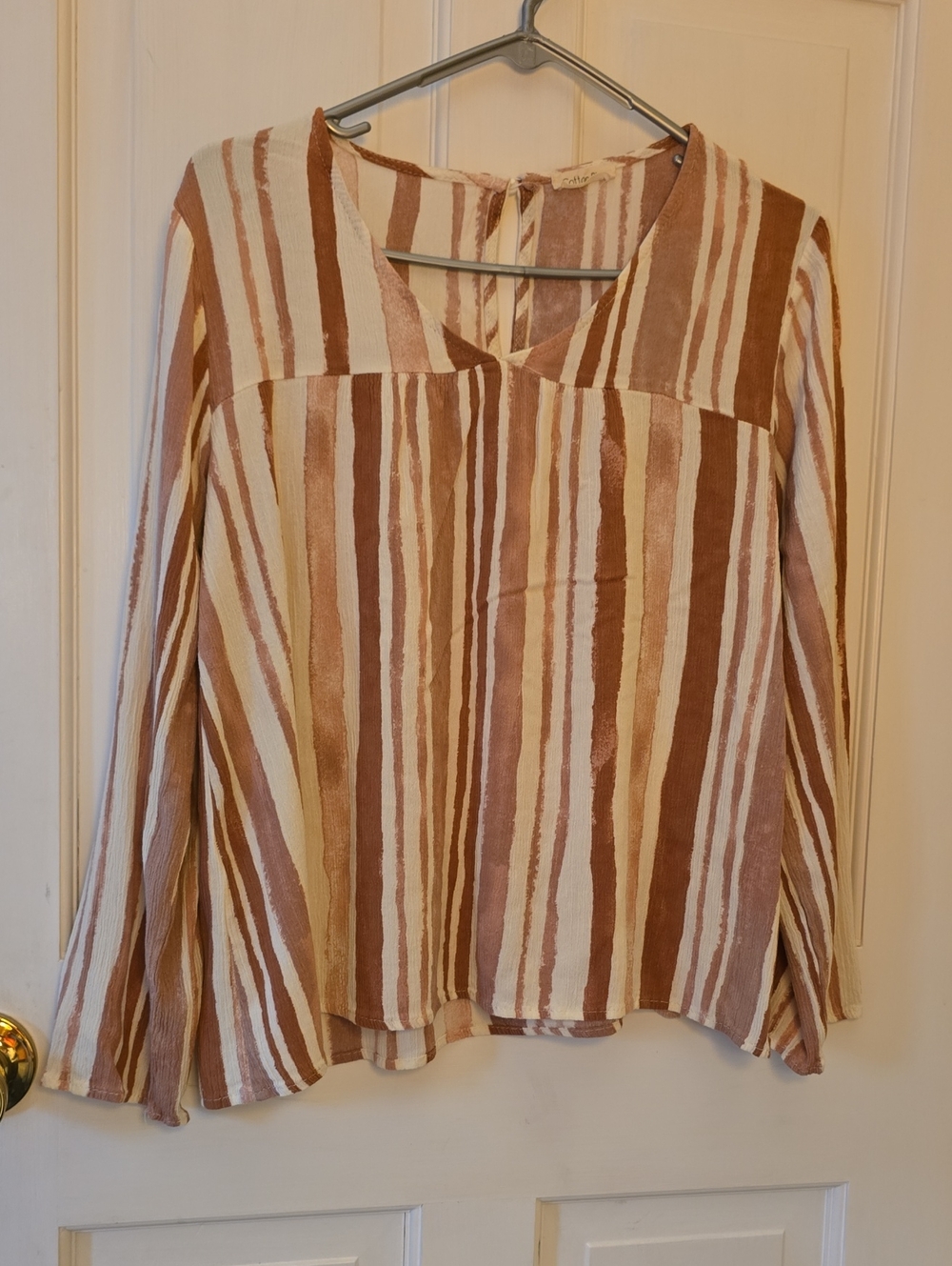 Relaxed Stripe Boho V-Neck Blouse in Beige and Brown Size S